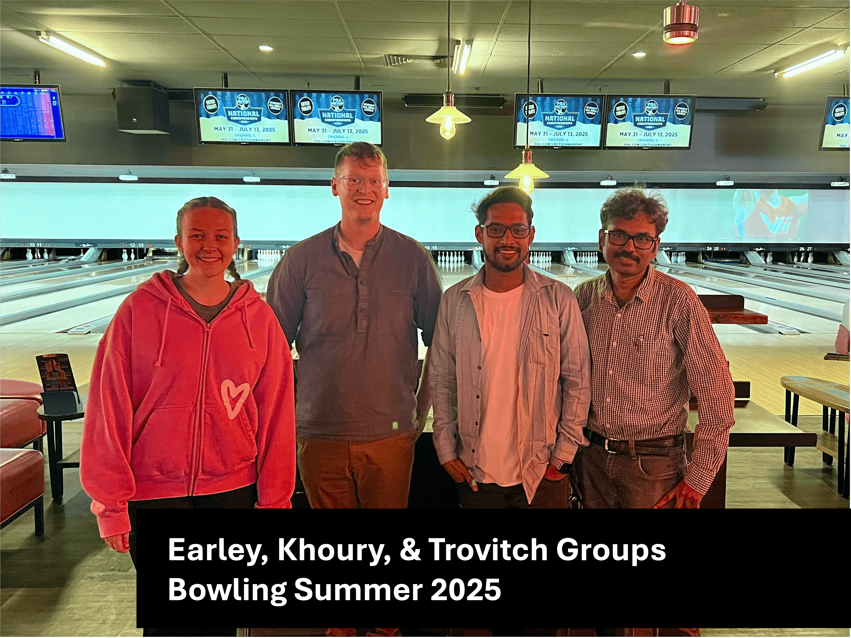 Group photo of the Earley Lab at a bowling event